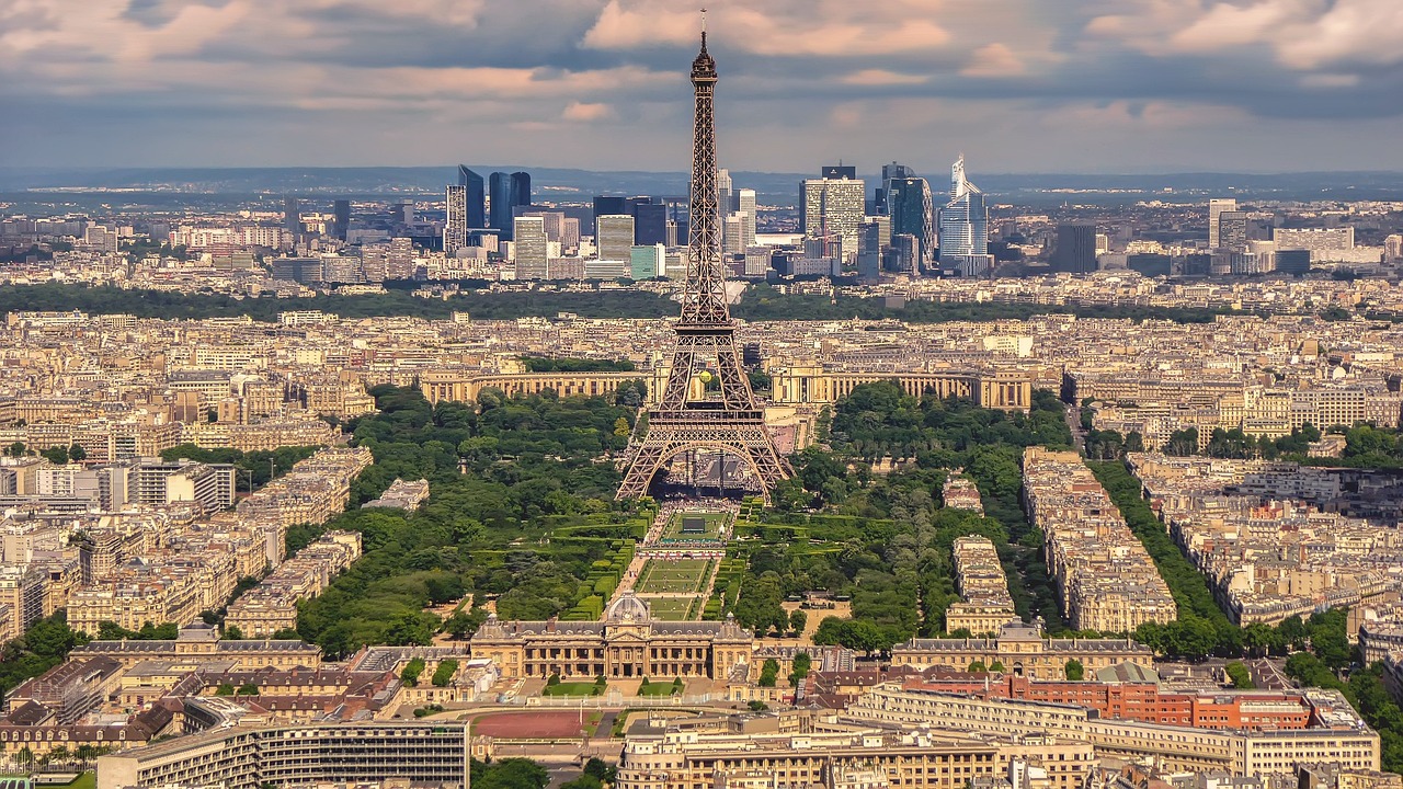 Aerial view of Paris, France including the Eiffel Tower.