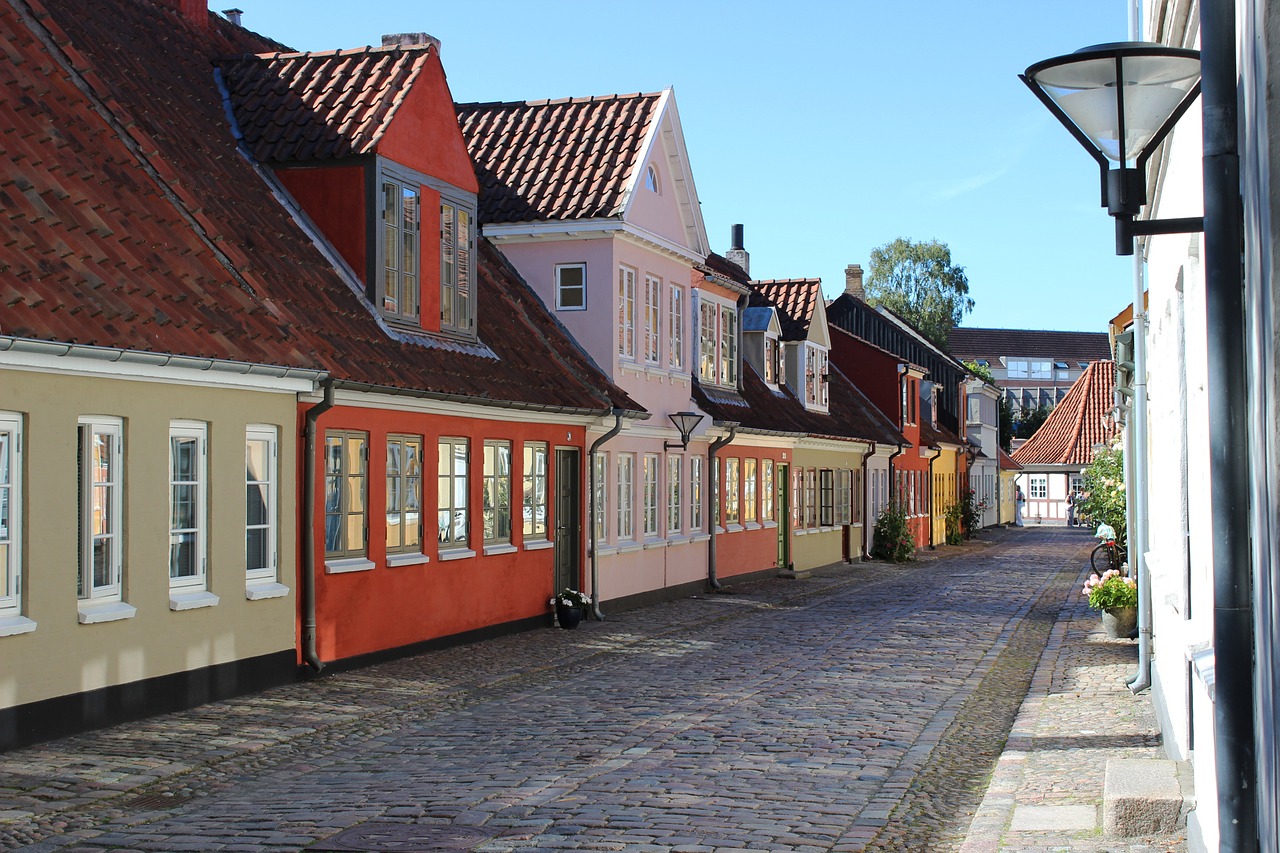 Old houses on city street in Odense, Denmark.